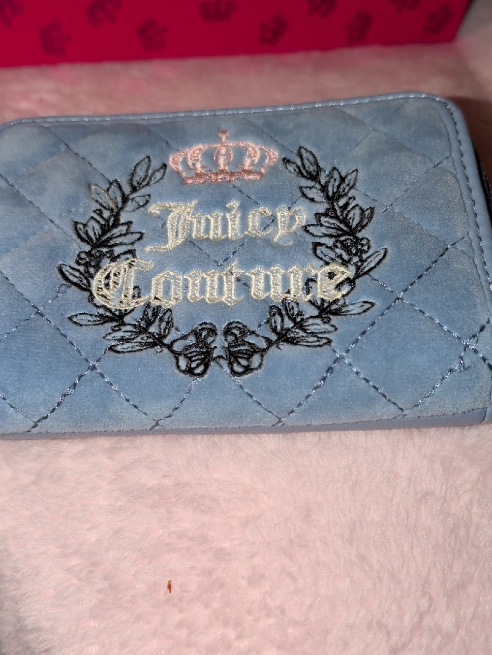 Juicy Couture Light Blue Quilted Velvet Wallet with Embroidered Crest